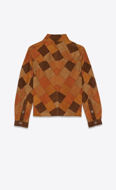 SAINT LAURENT Leather Shirts Woman Patchwork shirt jacket in bourbon and coffee suede b_V4